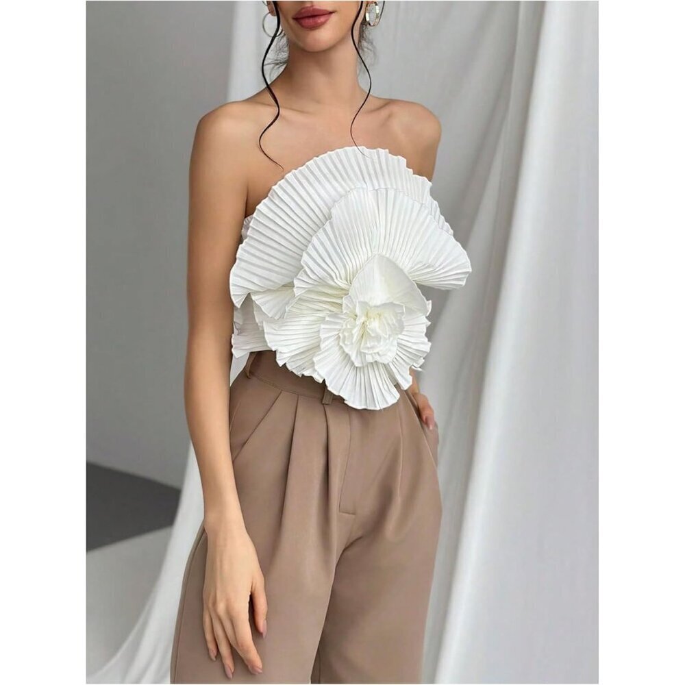 Women’s 3D Flower Strapless Bandeau Top Sleeveless Crop Slim Fit - Picture 3 of 6